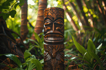 Wall Mural - A carved wooden totem with an angry face in the middle of a lush green forest