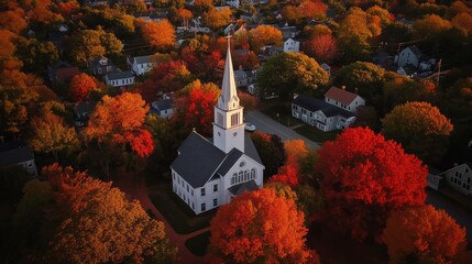 Sticker - An aerial view of a fictional church in the fall with trees, AI