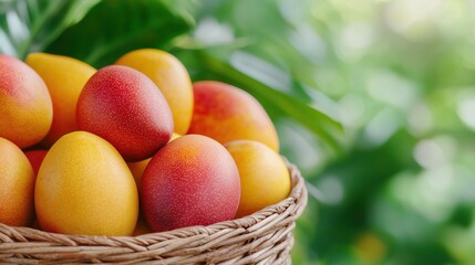 Wall Mural - Close-up of a basket full of fresh mangoes on a blurred green background. Banner with copy space.