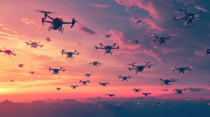 Fototapete - An AI-powered drone swarm creating intricate patterns in the sky, symbolizing precision and coordination, flat design illustration