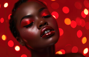 Canvas Print - Beautiful woman with red makeup and lipstick, against a background of red lights