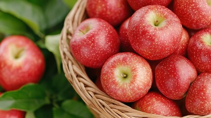 Wall Mural - Close-up of a basket full of fresh red apples on a blurred green background. Banner with copy space.