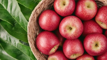 Wall Mural - Close-up of a basket full of fresh red apples on a blurred green background. Banner with copy space.