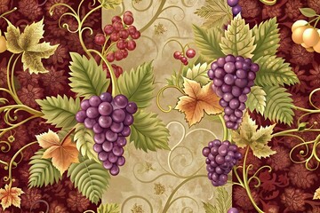 Vibrant Grapes Lush Green Leaves Elegant Vintage Floral Design