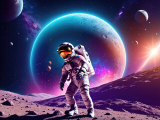Wall Mural - Astronaut Exploring Alien Landscape Under Bright Planets and Cosmic Nebula at Dusk