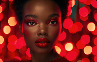 Wall Mural - Beautiful woman with red makeup and lipstick, against a background of red lights