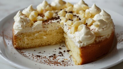 Canvas Print - Vanilla sponge cake topped with cream and white chocolate served on white plate