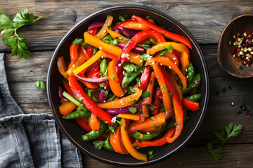 Wall Mural - Top view colorful vegetable stir-fry on black plate top view on black table commercial advertising photo