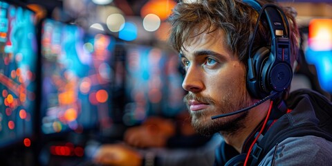 Gamer with Headphones, Focused on Screen