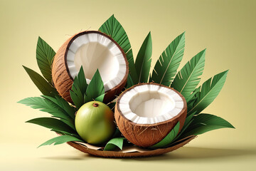 Fresh Tropical Arrangement Featuring Halved Coconuts and Green Fruit Surrounded by Vibrant Leaves