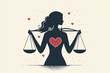 © Thanyaporn - Lady Justice holding scales and a heart, morality in law, flat design illustration