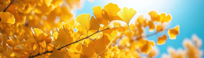 Canvas Print - Yellow ginkgo leaves in autumn sunlight under blue sky