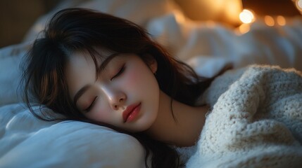 Poster - A young woman rests peacefully, surrounded by soft blankets and warm ambient light, creating a tranquil atmosphere in her bedroom