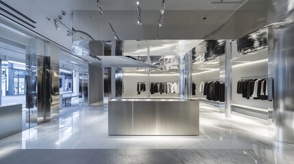 Poster - modern retail interior showcasing minimalistic clothing display in a sleek boutique setting during d