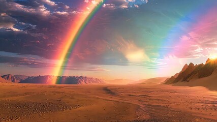 Wall Mural - Stunning rainbow arches over majestic desert landscape at sunset