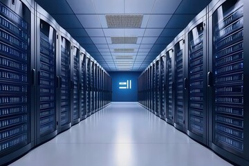 Poster - Modern data center hallway with rows of servers, showcasing technology and security in a digital environment.