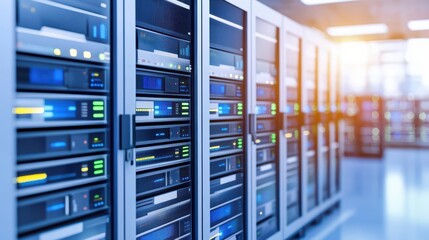 Poster - Modern data center with rows of server racks lit by bright LED indicators, showcasing advanced technology and infrastructure.