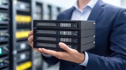 Poster - Professional holding a stack of servers in a modern data center, showcasing advanced technology and data management solutions.