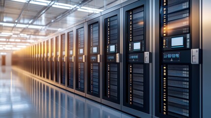 Poster - Sleek data center with rows of high-tech servers, showcasing modern technology in a bright and organized environment.