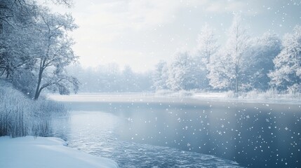 Wall Mural - beautiful landscape of a lake surrounded by forest with a lot of snow falling