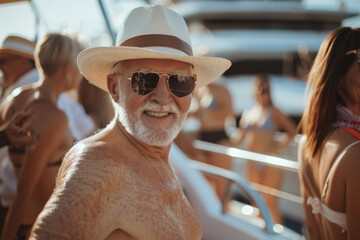 Wall Mural - Wealthy senior man at luxury yacht party, oligarch lifestyle with glamorous women in bikini, billionaire summer cruise vacation