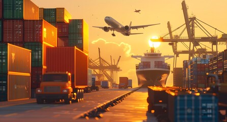 Wall Mural - A cargo plane flies over an industrial port with container ships and forklifts unloading shipping containers. An orange truck drives on the road next to the ship loading area. A red armored van sits i