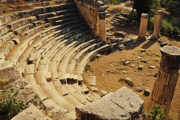 Greek Tragedy. Circle of Seats in Ancient Corinth Theatre with Ruined Columns