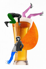 Wall Mural - Assistance of colleagues. Woman standing near giant beer glass with man and woman inside. Love affairs at work. Contemporary art collage. Concept of business, personal and professional life