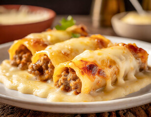 Poster - A close-up view of delicious beef and cheese cannelloni, highlighting the melted cheese and meat filling, presented on a rustic wooden table