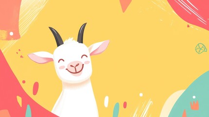 Smiling white goat with horns on yellow, red, and green background.