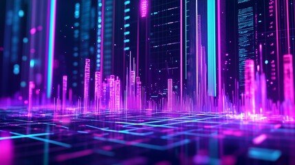 Poster - Futuristic city skyline with neon lights and data streams in a digital landscape