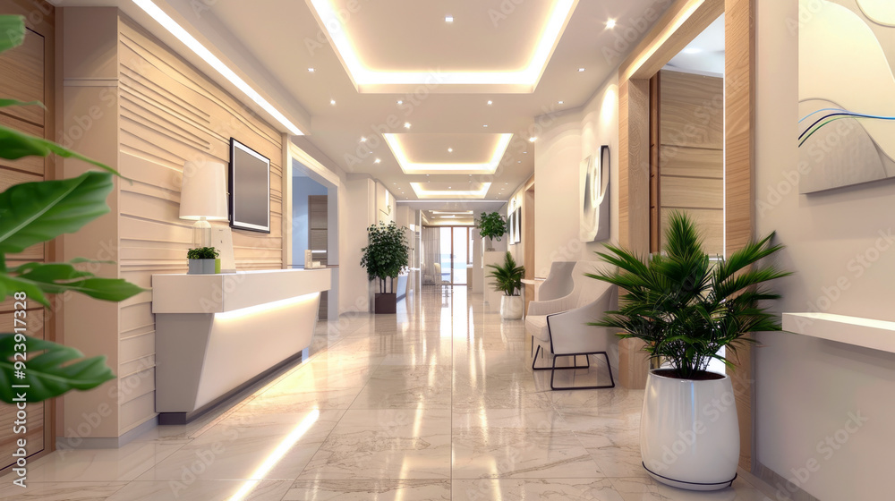 Inside empty clinic hall with green plants and white walls, luxury ...