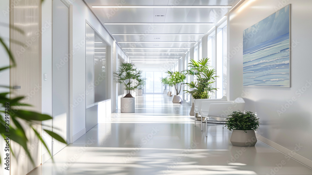 Inside empty clinic hall with green plants and white walls, luxury ...