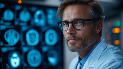 Aufkleber - A healthcare expert examines detailed patient scans, showcasing deep concentration in a state-of-the-art medical environment