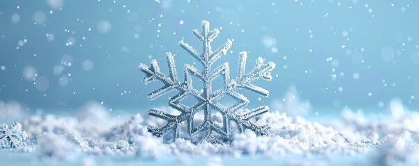 Poster - Minimal cartoon snowflake design with clean, geometric lines, placed against a light blue background with a few scattered flakes