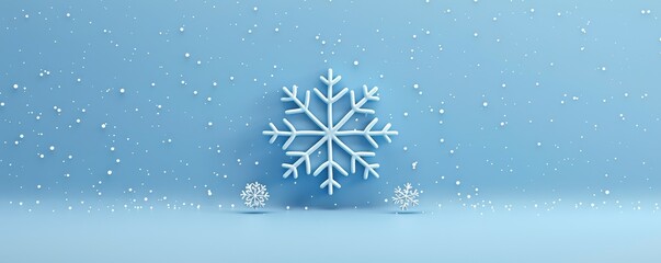 Poster - Minimal cartoon snowflake design with clean, geometric lines, placed against a light blue background with a few scattered flakes
