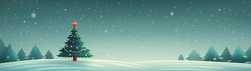 Poster - Minimal cartoon-style Christmas tree with simple geometric shapes and a single star on top, set against a plain background with subtle snowflakes