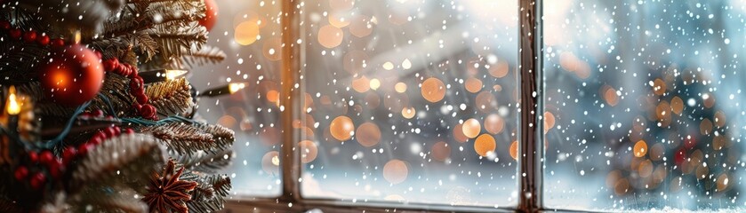 Poster - Vintage-inspired Christmas postcard showing a decorated Christmas tree through a frosted window, with snow gently falling outside