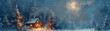 © Atthasit - Hand-painted Christmas postcard with a cozy cabin in the woods, surrounded by snow-covered trees and a glowing moon above
