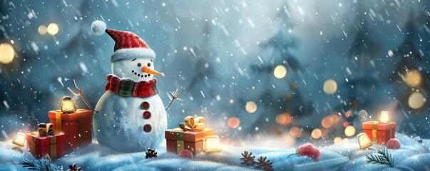 Poster - Joyful snowman wearing a scarf and hat, surrounded by Christmas lights and presents in a snowy landscape, watercolor style