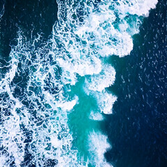 Sticker -  Aerial view beautiful of sea waves from drone. Stock image of blue color of ocean water, sea surface. Top view on turquoise waves, clear water surface texture.