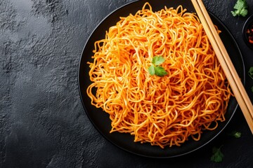 Wall Mural - Delicious spicy Korean sweet potato noodles on black plate