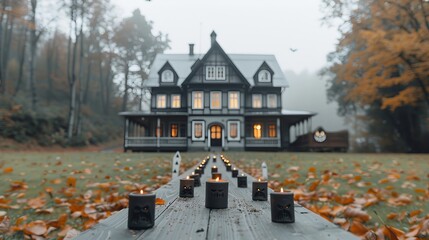 Wall Mural - A house with a long driveway is decorated with pumpkins and lanterns