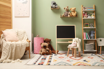 Poster - stylish child room interior with different toys and furniture