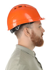 Engineer in hard hat on white background