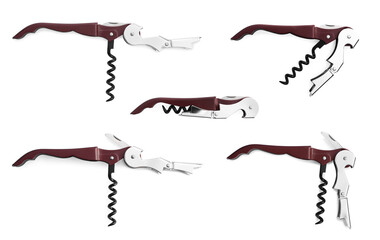 Poster - Collage with corkscrew (sommelier knife) on white background