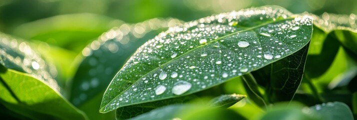 This closeup photo beautifully features lush soybean leaves, adorned with glistening morning dew, which elegantly illustrates the exquisite beauty of nature in a tranquil and peaceful setting