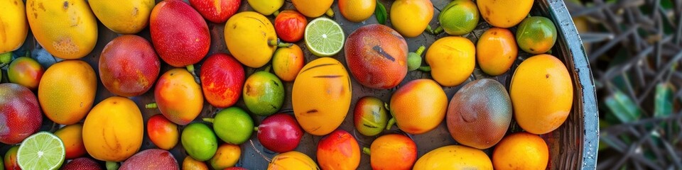 Canvas Print - Aerial perspective of a metal plate containing ripe mangoes alongside assorted fresh fruits.