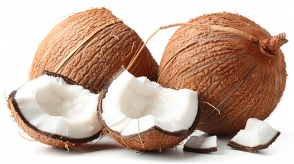 Fresh whole and halved coconuts with white flesh and brown husk, isolated on white background, ideal for tropical and healthy lifestyle themes.