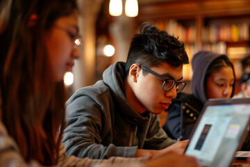 Group of diverse students working on a laptop in a study room, soft indoor lighting, cooperative mood. Generative AI